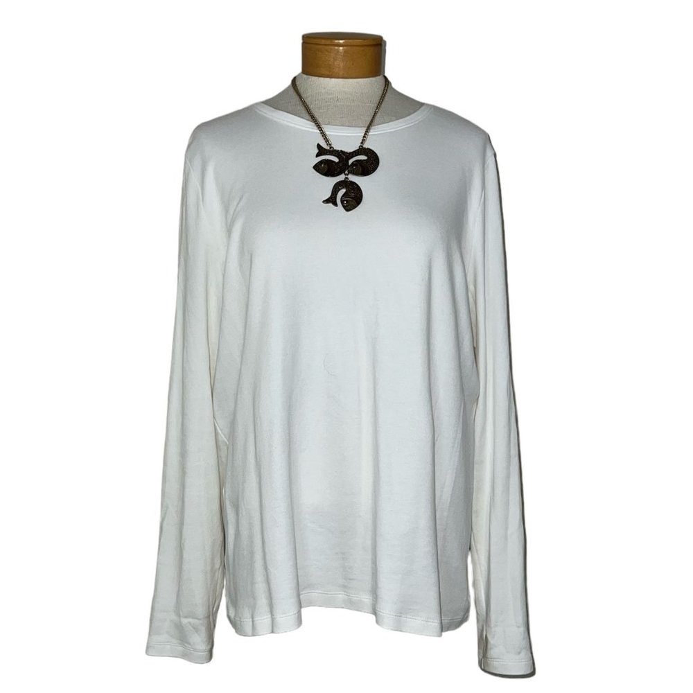 Kim Rogers - Women's Size XL Solid White Blouse - Long Sleeves Round Neckline